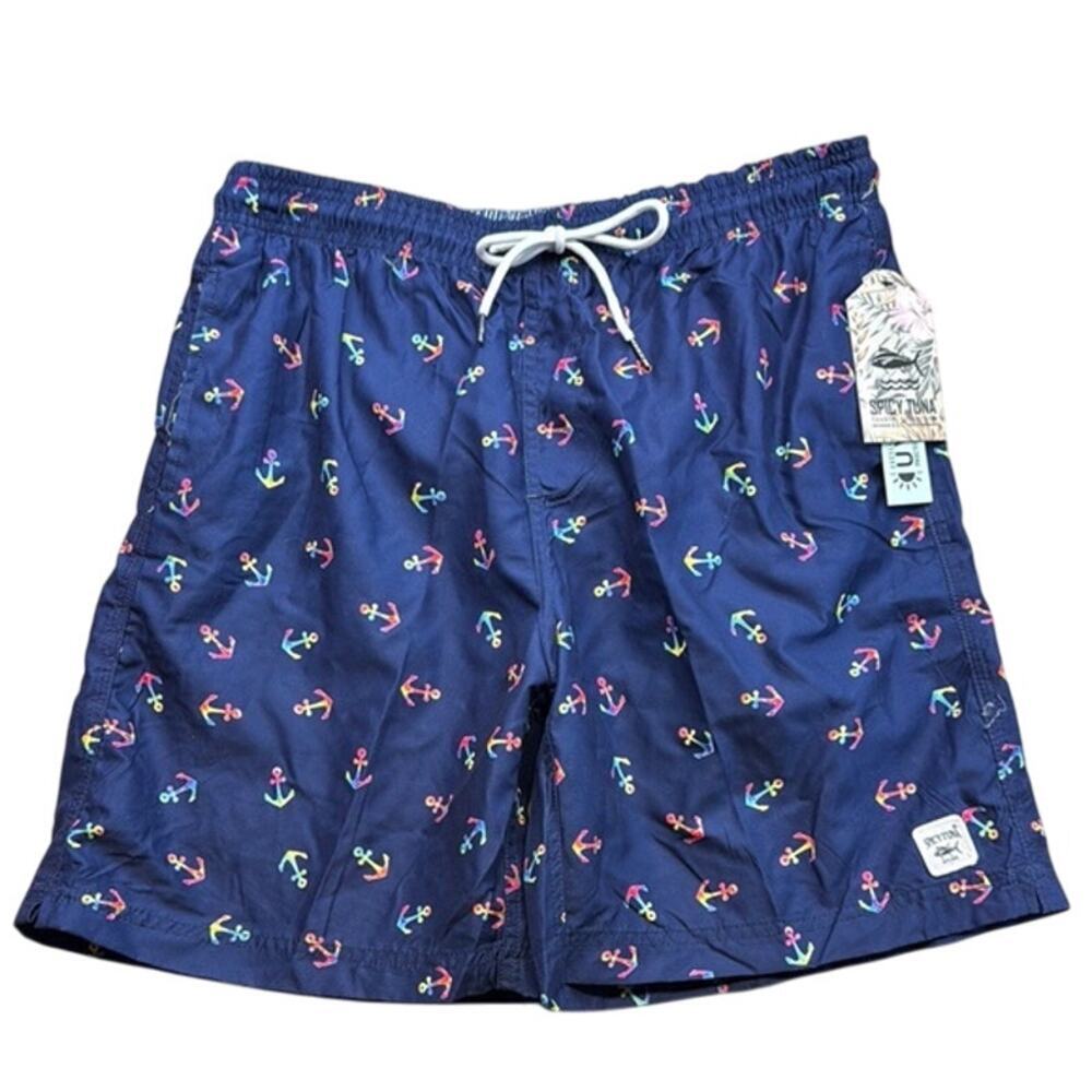 New Men's Spicy Tuna Navy Blue Colorful Anchors Design Swim Shorts Trunks Size L